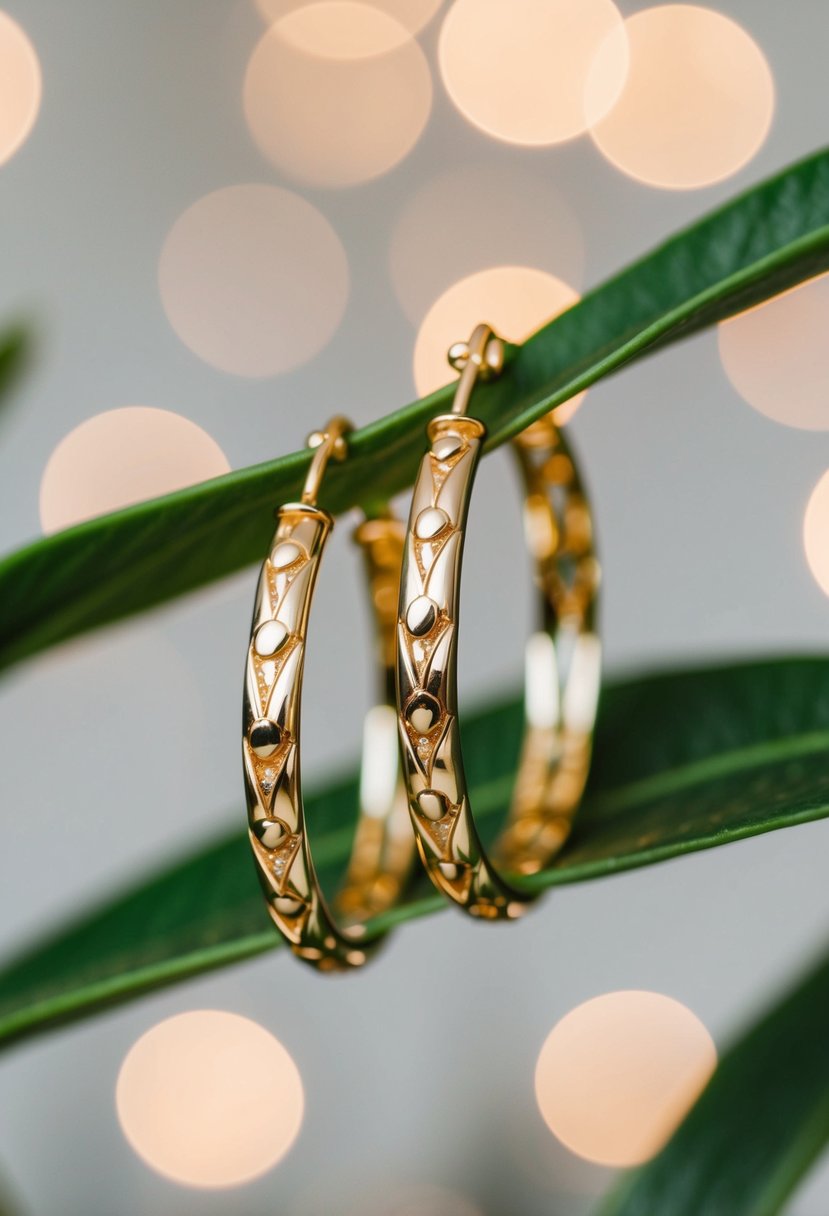 Two delicate gold hoop earrings with intricate vine designs intertwined