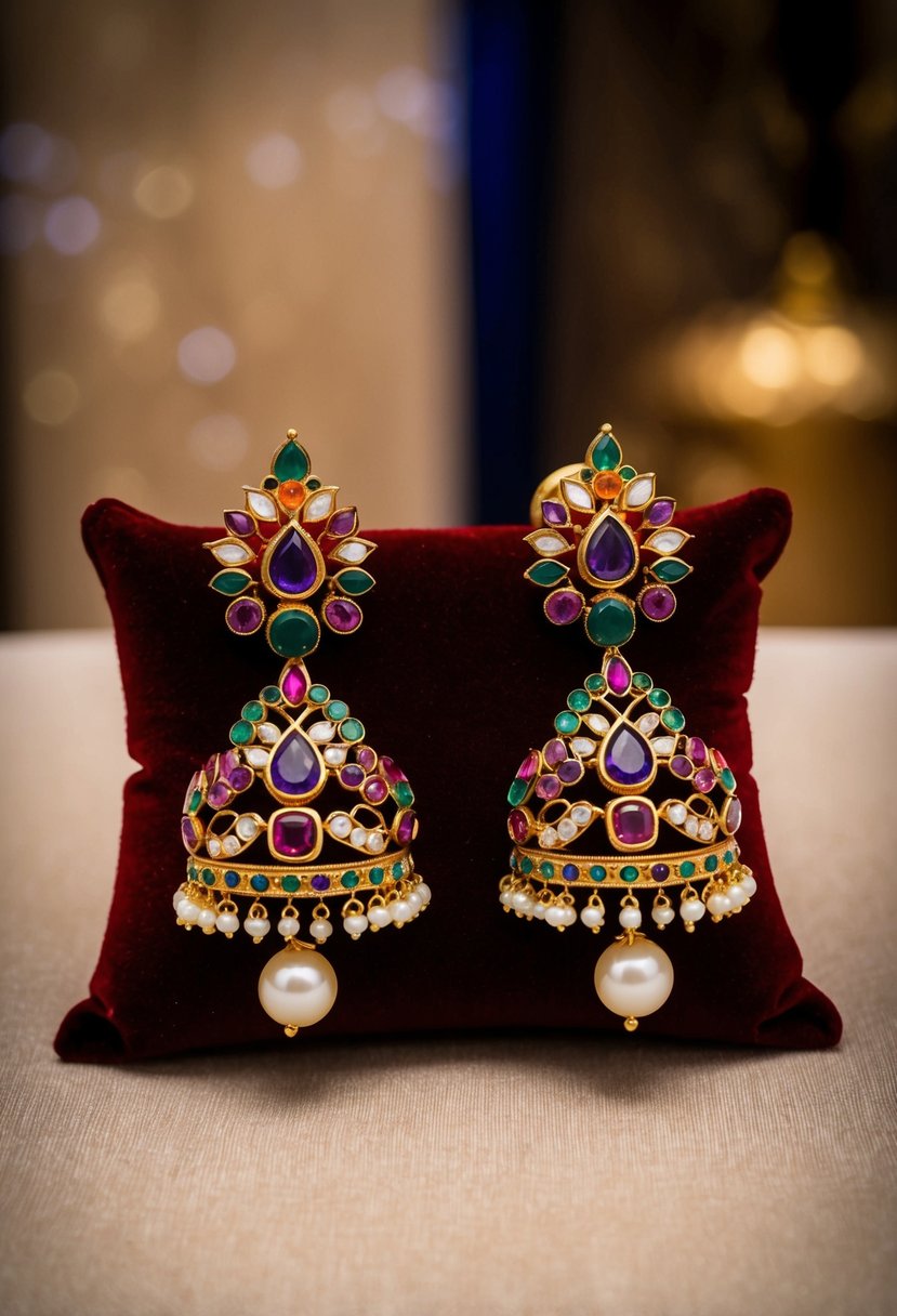 A pair of bold Kundan Chandbali earrings, intricately designed with colorful gemstones and pearls, displayed on a velvet cushion