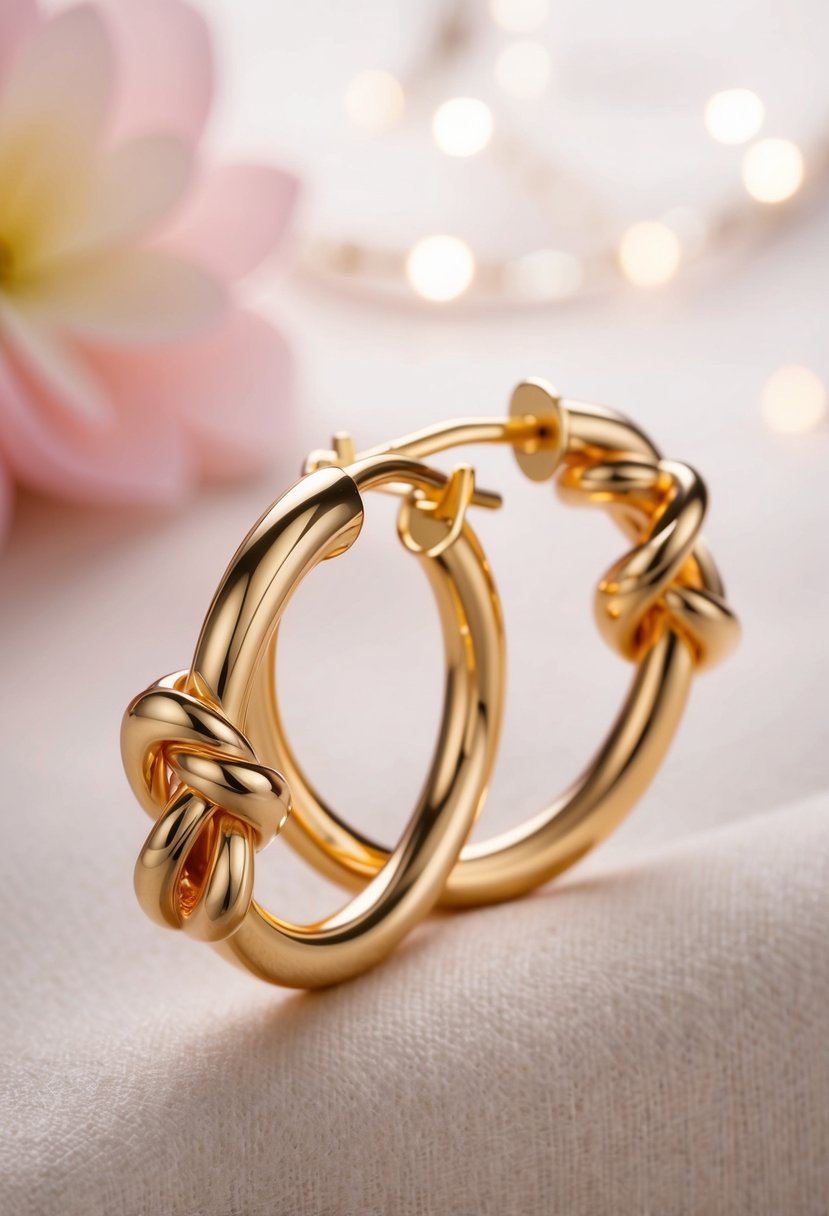 A pair of elegant gold hoop earrings with intricate knot designs, set against a soft, romantic backdrop