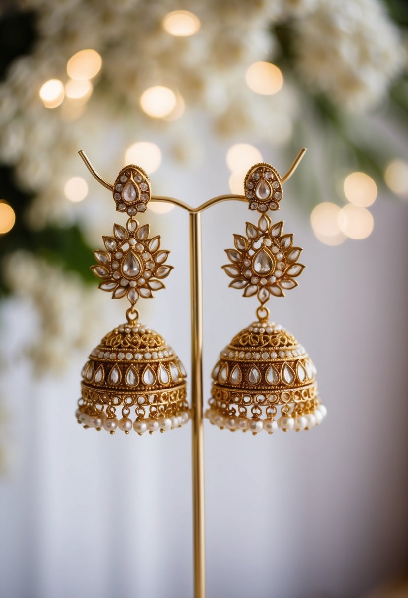 A pair of lustrous pearl jhumki earrings, adorned with intricate Pakistani wedding designs, hanging from a delicate stand