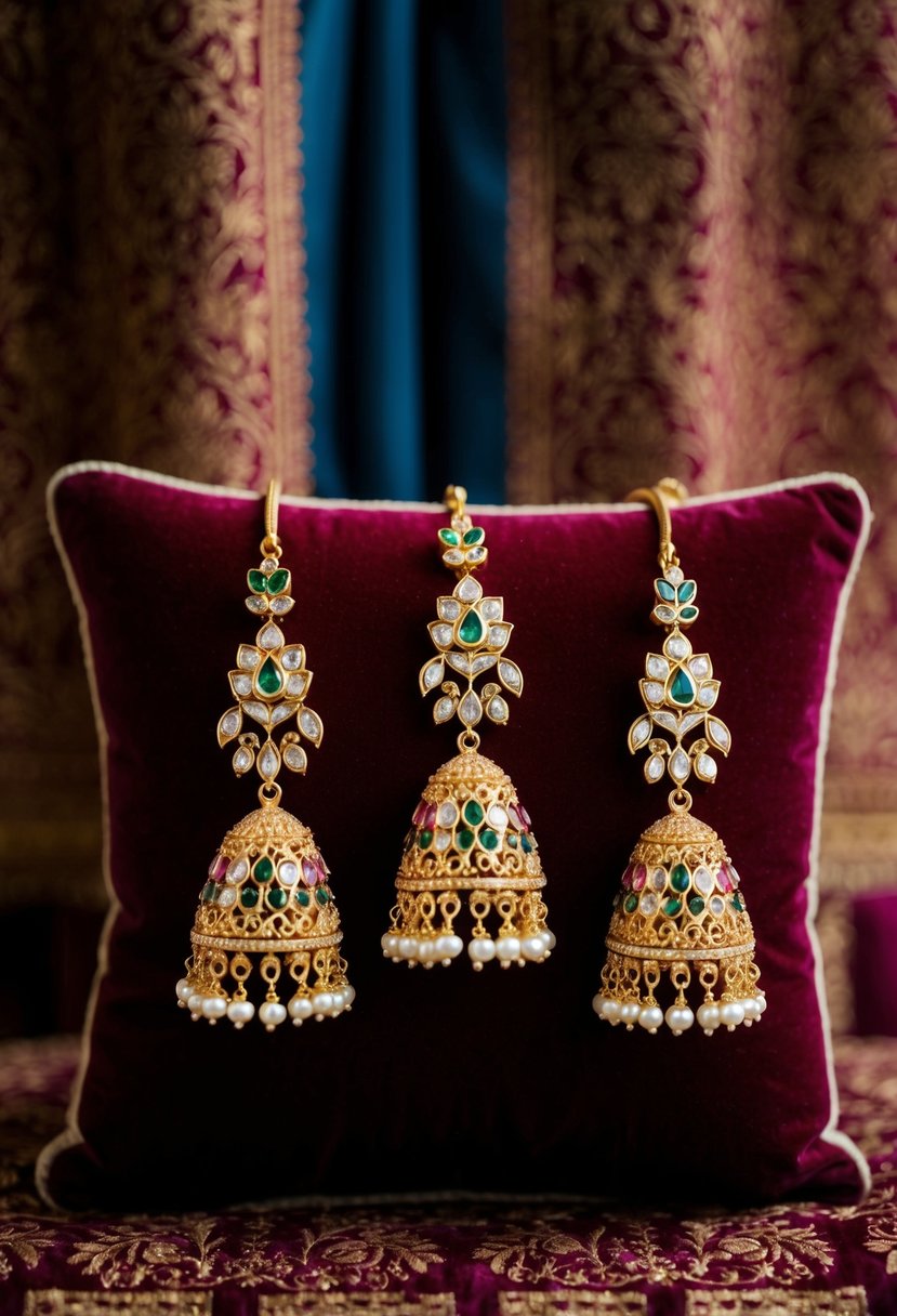 Exquisite Jadau Danglers with intricate gold and gemstone details, displayed on a velvet cushion against a backdrop of richly patterned fabric