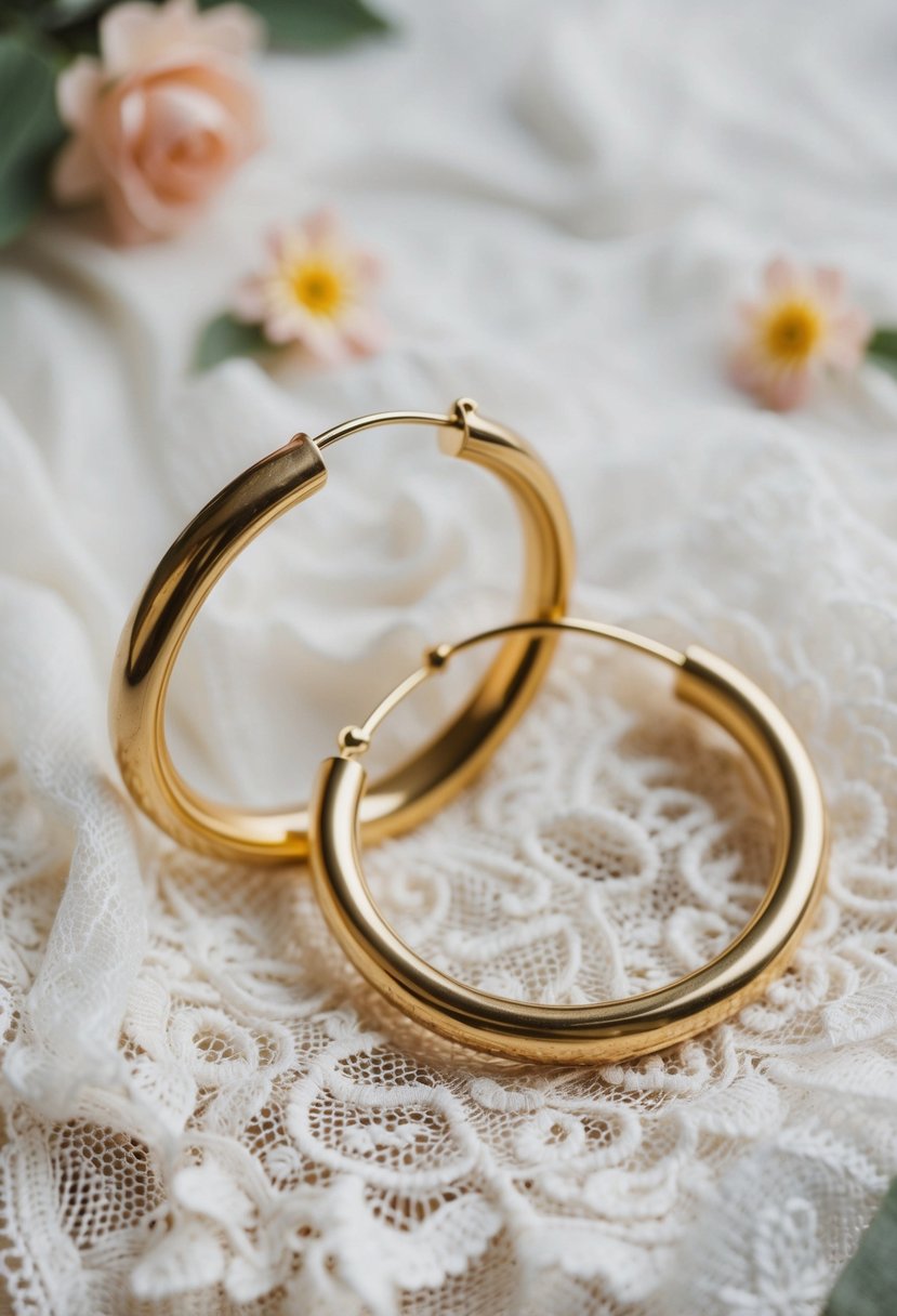 Two sculptural gold hoops arranged on a delicate lace fabric with floral accents and soft lighting