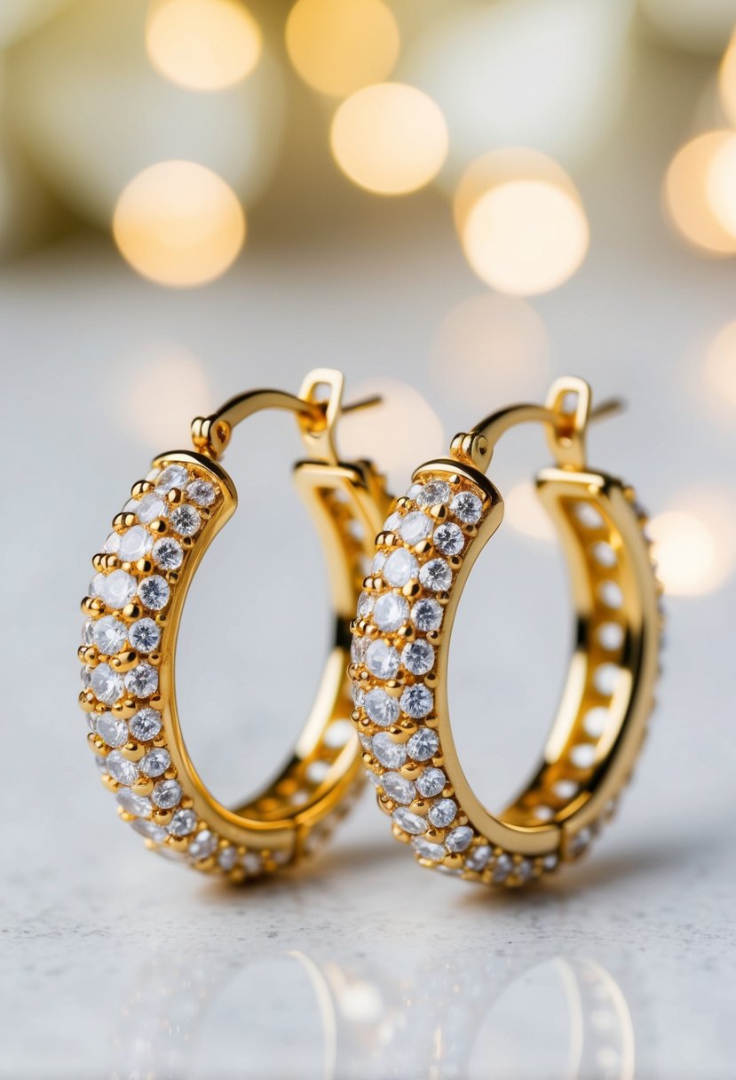 A pair of glamorous gold hoops adorned with sparkling cubic zirconia, perfect for a wedding