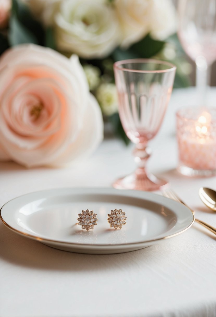 A table set with delicate, sparkling earrings in a soft, romantic setting