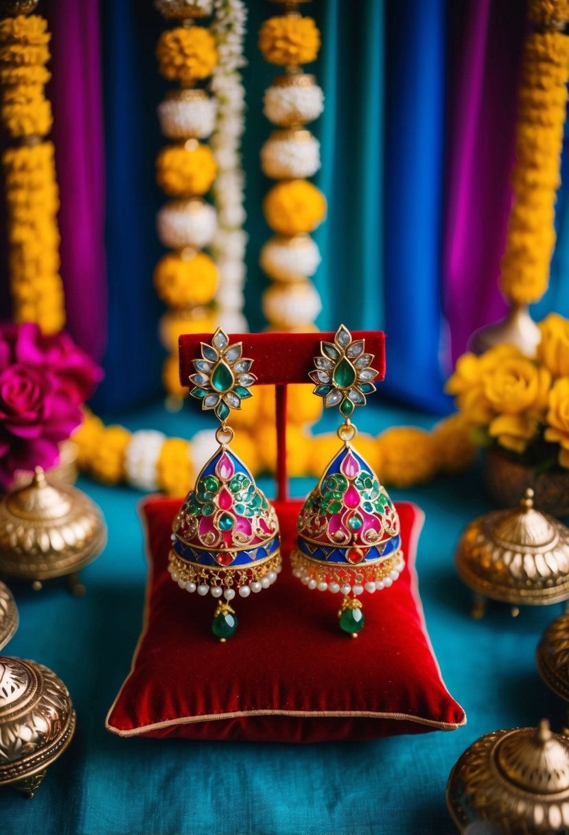 A pair of intricate Meenakari drop earrings displayed on a velvet cushion, surrounded by vibrant Pakistani wedding decor