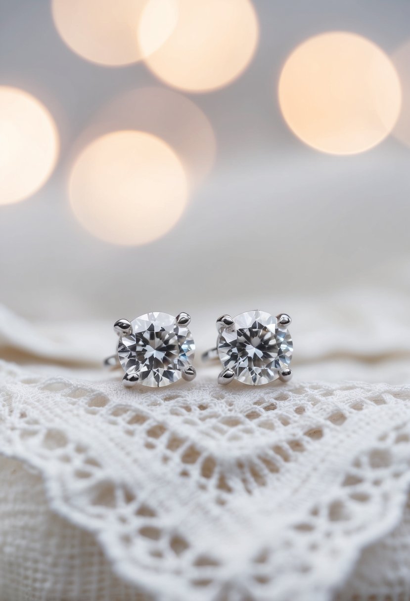 A pair of timeless diamond studs sparkle in the soft light, resting on a delicate lace handkerchief