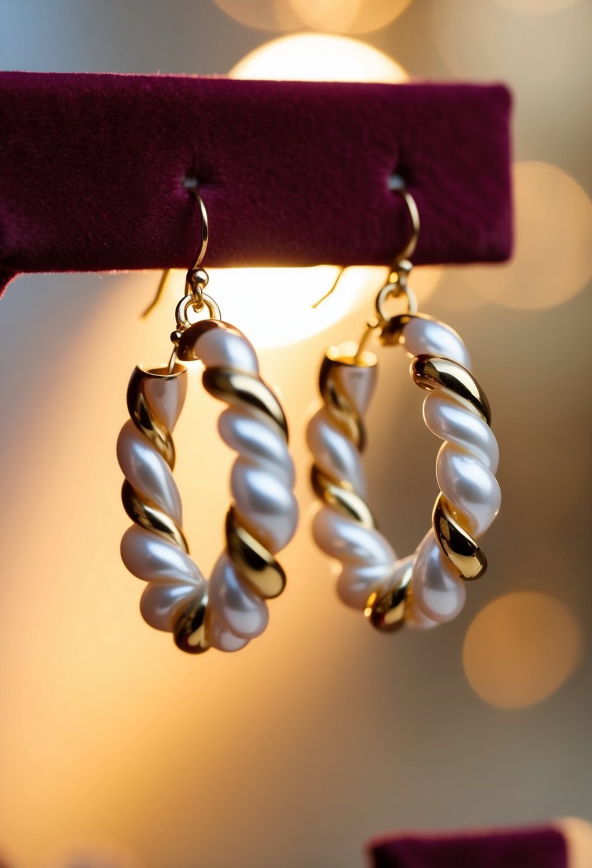 A pair of pearl and gold twist hoops dangle from a velvet jewelry display, catching the light and casting a warm glow