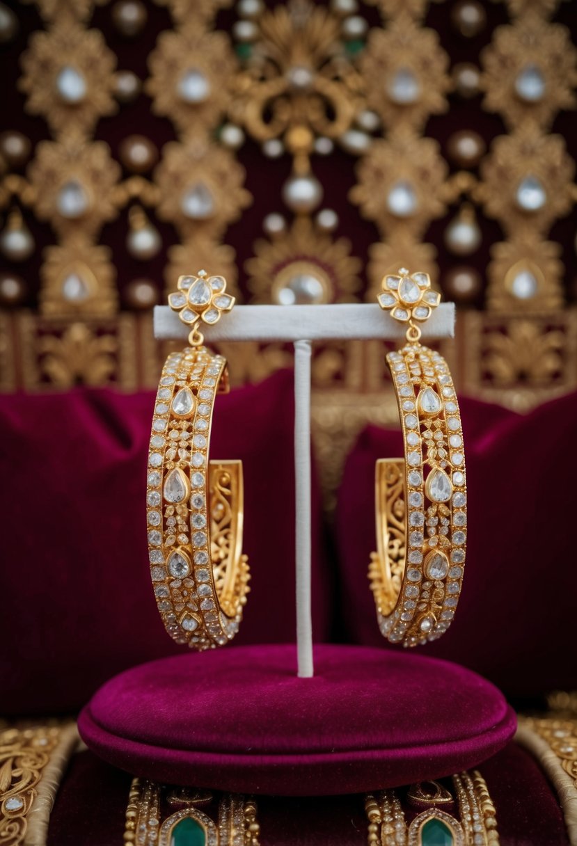 A pair of intricately designed Kundan Polki Hoops earrings displayed on a velvet cushion against a backdrop of traditional Pakistani wedding motifs