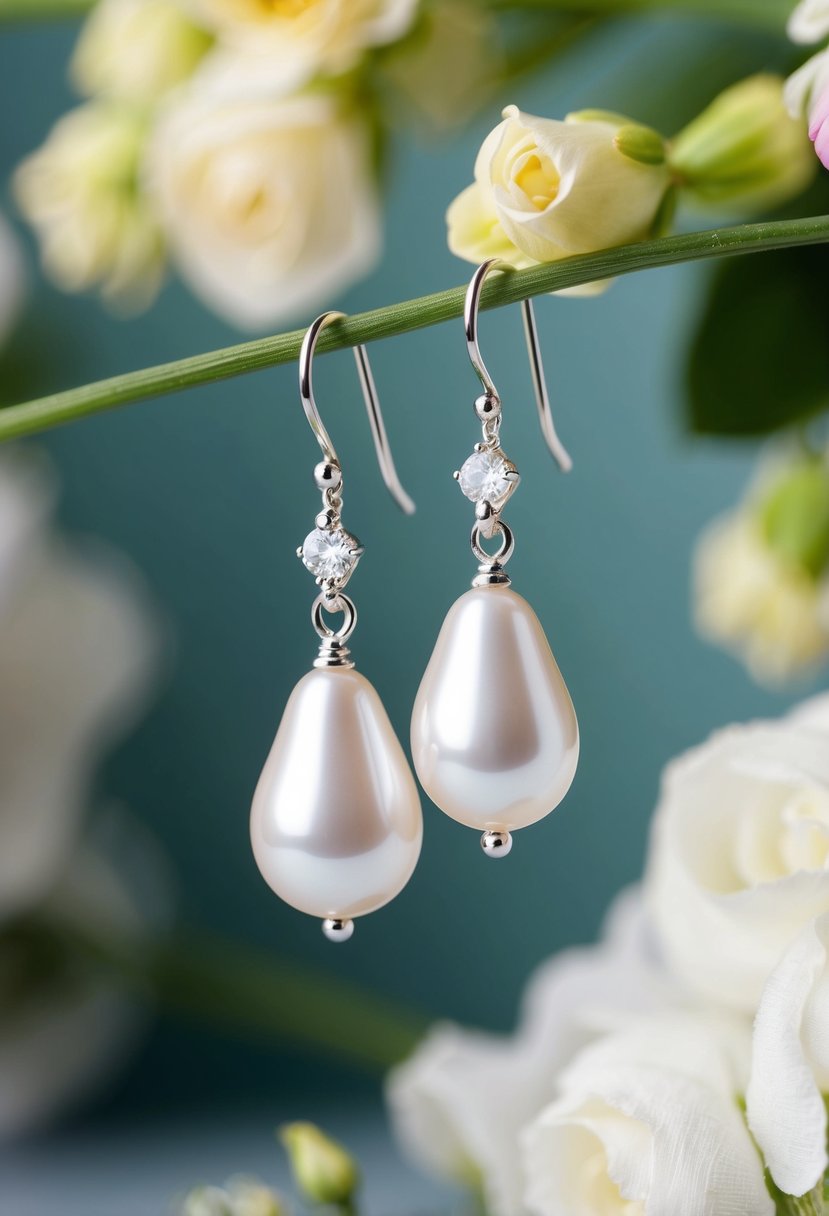 A pair of pearl drop earrings suspended from delicate silver hooks, surrounded by soft, romantic lighting and a hint of floral accents