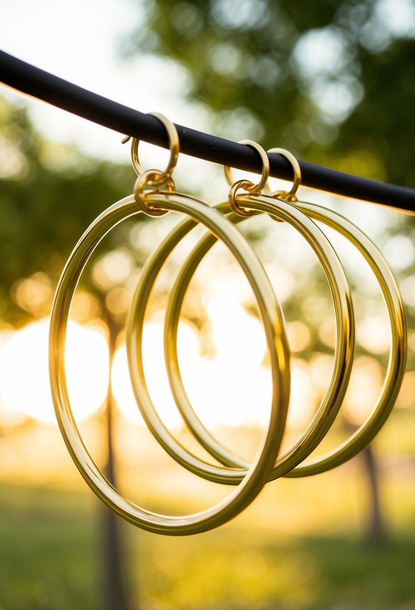 Two interlocking gold circle hoops suspended in mid-air. Sunshine reflects off the polished surfaces, casting a warm glow