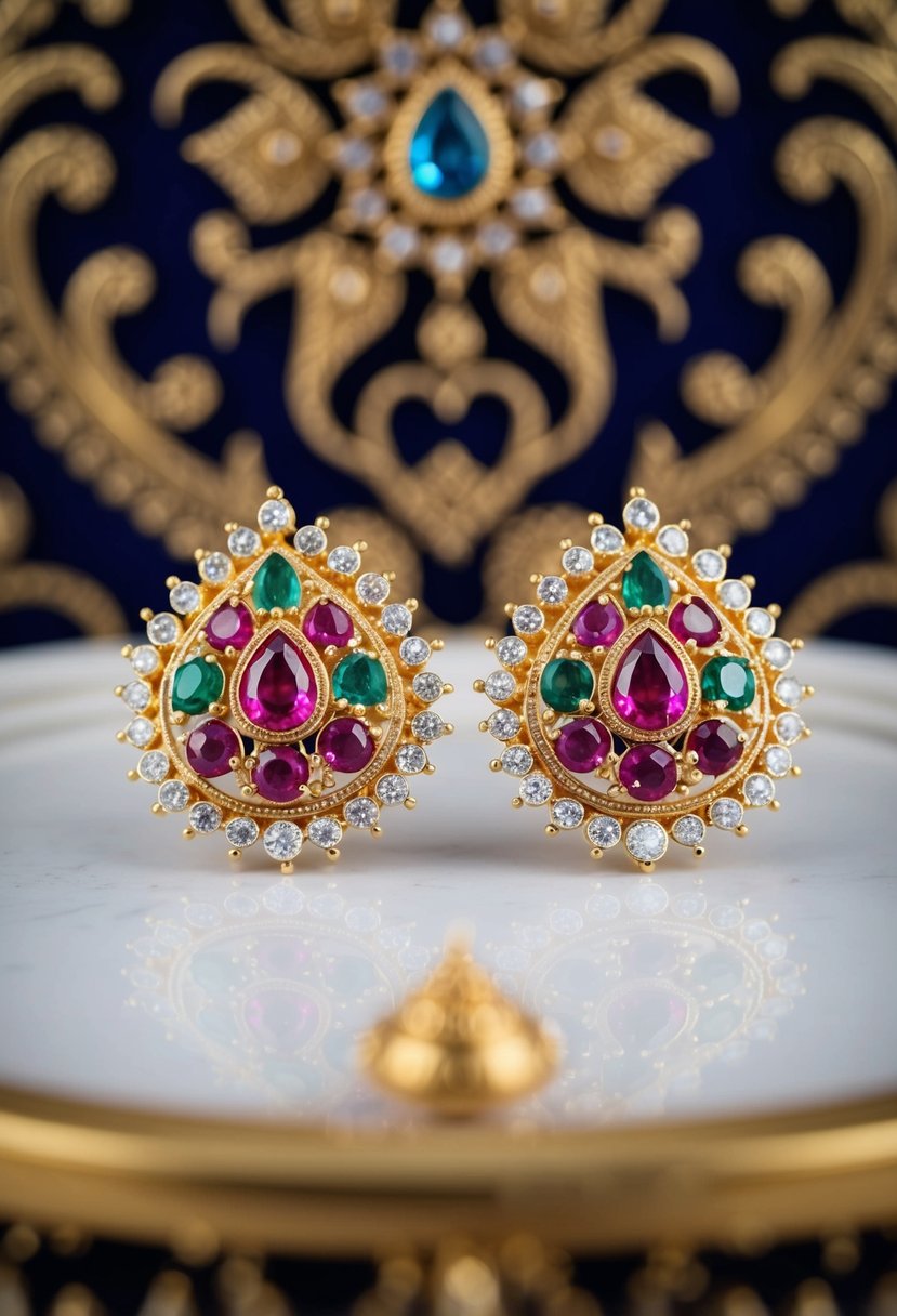 A pair of ornate Navratan studs with colorful gemstones, set against a backdrop of intricate Pakistani wedding motifs