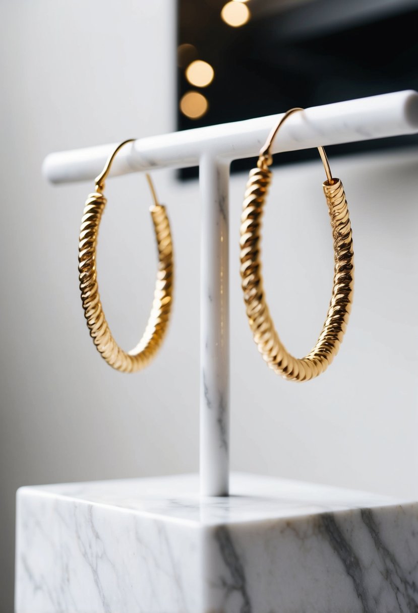 Shimmering gold hoops dangle from a white marble pedestal, catching the light in a minimalist, modern setting