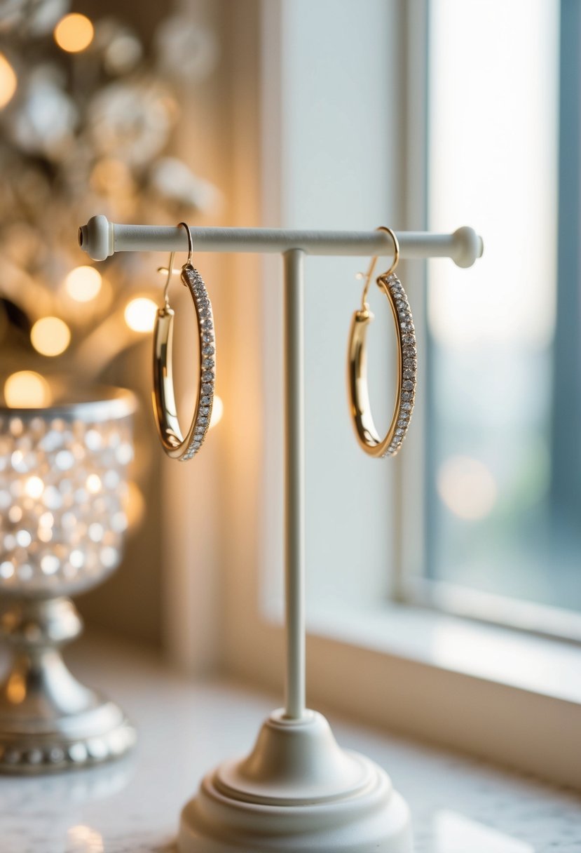 A pair of chic hoop earrings hanging from a delicate jewelry stand, surrounded by soft lighting and elegant decor