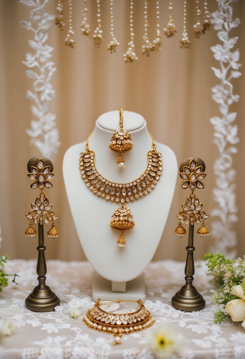 A bride's vintage-inspired Maang Tikka set and Pakistani wedding earrings displayed on a velvet jewelry stand, surrounded by delicate lace and floral motifs