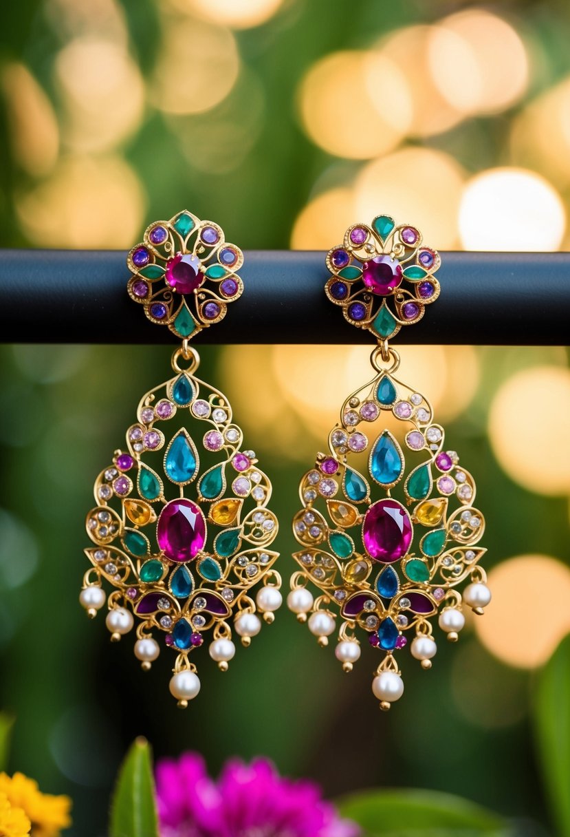 A pair of intricate floral filigree earrings adorned with colorful gemstones, inspired by Pakistani wedding jewelry