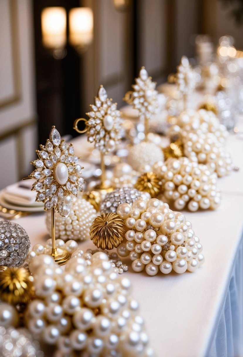 A table adorned with opulent clusters of pearls, diamonds, and gold, showcasing elegant wedding earring designs