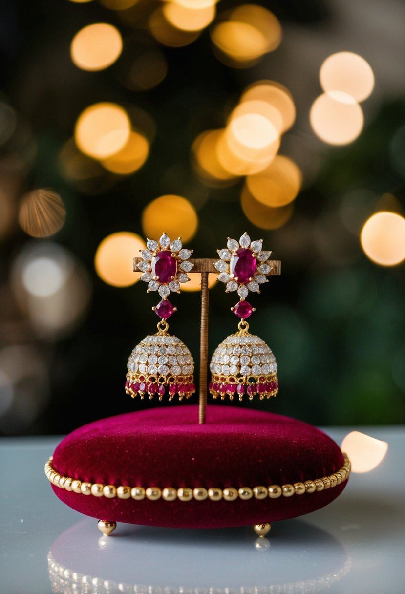 Sparkling Polki and vibrant ruby drop earrings displayed on a velvet cushion