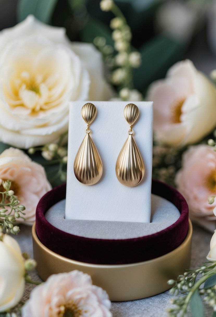 A pair of elegant drop earrings displayed on a velvet cushion with soft lighting, surrounded by delicate floral arrangements