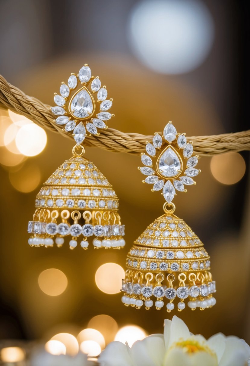 A pair of tiered earrings featuring sparkling zircon and gold, with intricate Pakistani wedding-inspired design