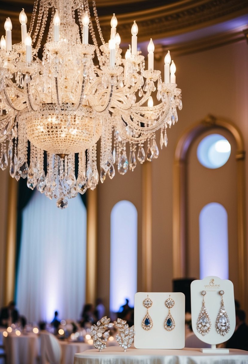 A grand chandelier illuminates an opulent wedding setting, with elegant earrings displayed nearby for inspiration