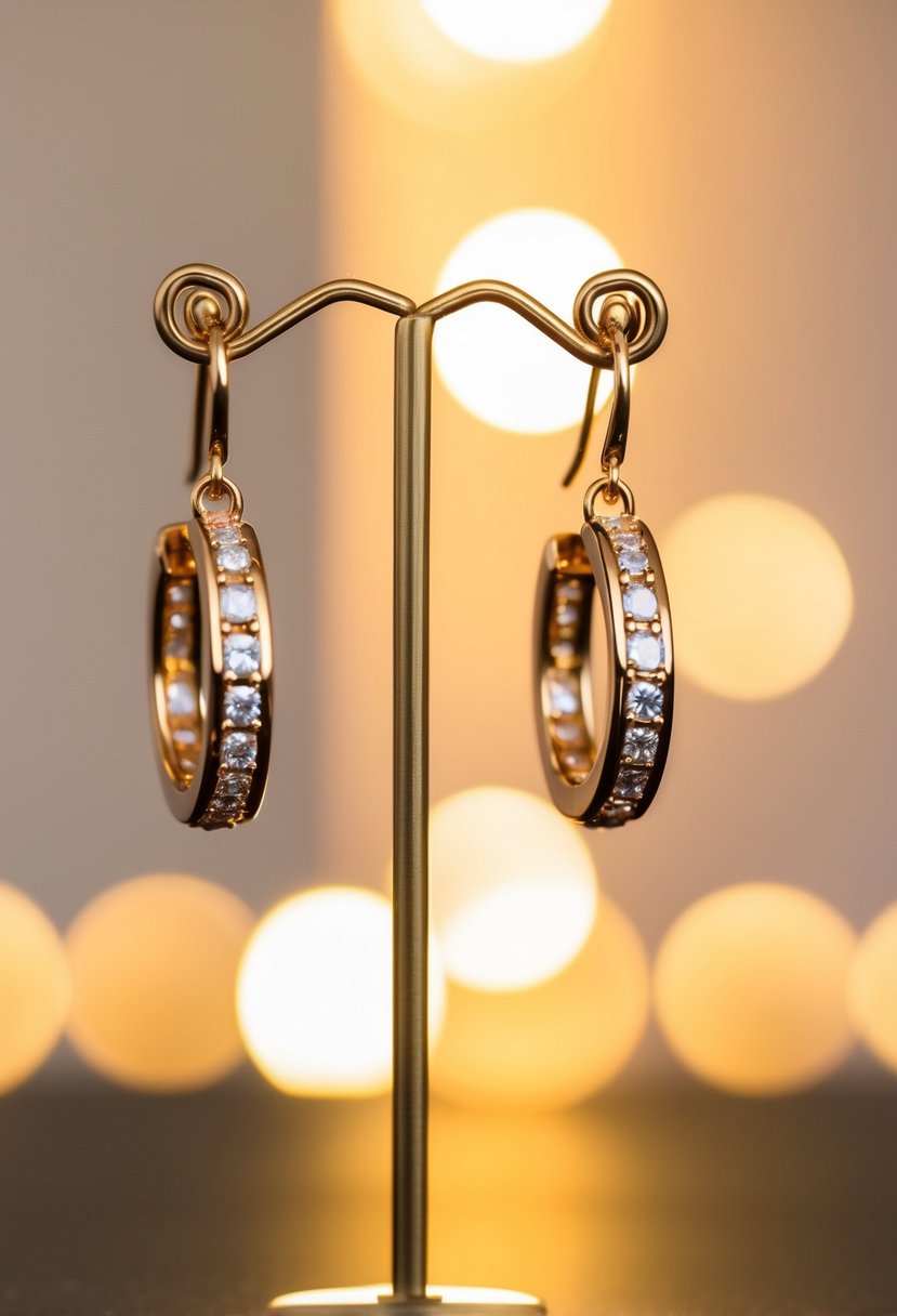 A pair of modern Huggies with gemstones, hanging delicately from an elegant earring stand, bathed in soft, warm light