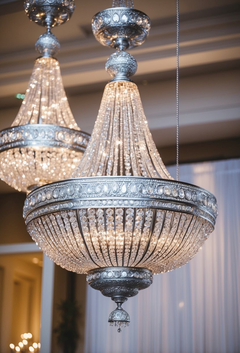 Sleek silver Meenakari chandeliers hang from a Pakistani wedding setting, with intricate designs and sparkling gemstones catching the light