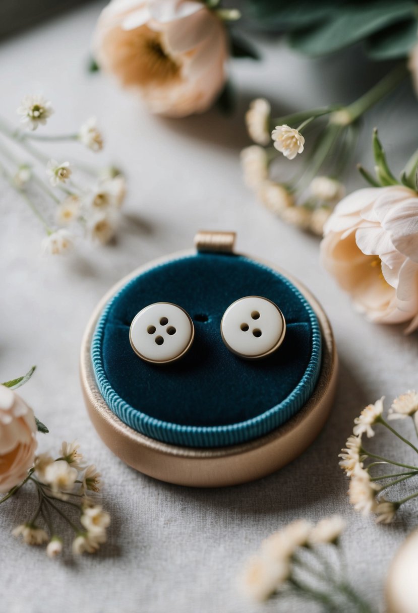 A pair of classic button earrings displayed on a velvet cushion, surrounded by soft lighting and delicate floral accents