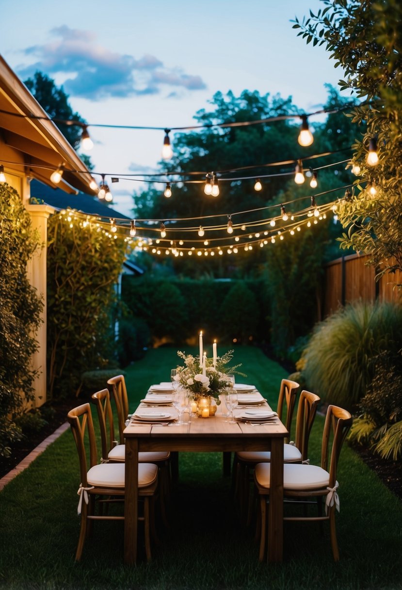 A cozy backyard with a table set for an intimate wedding dinner, surrounded by twinkling lights and lush greenery