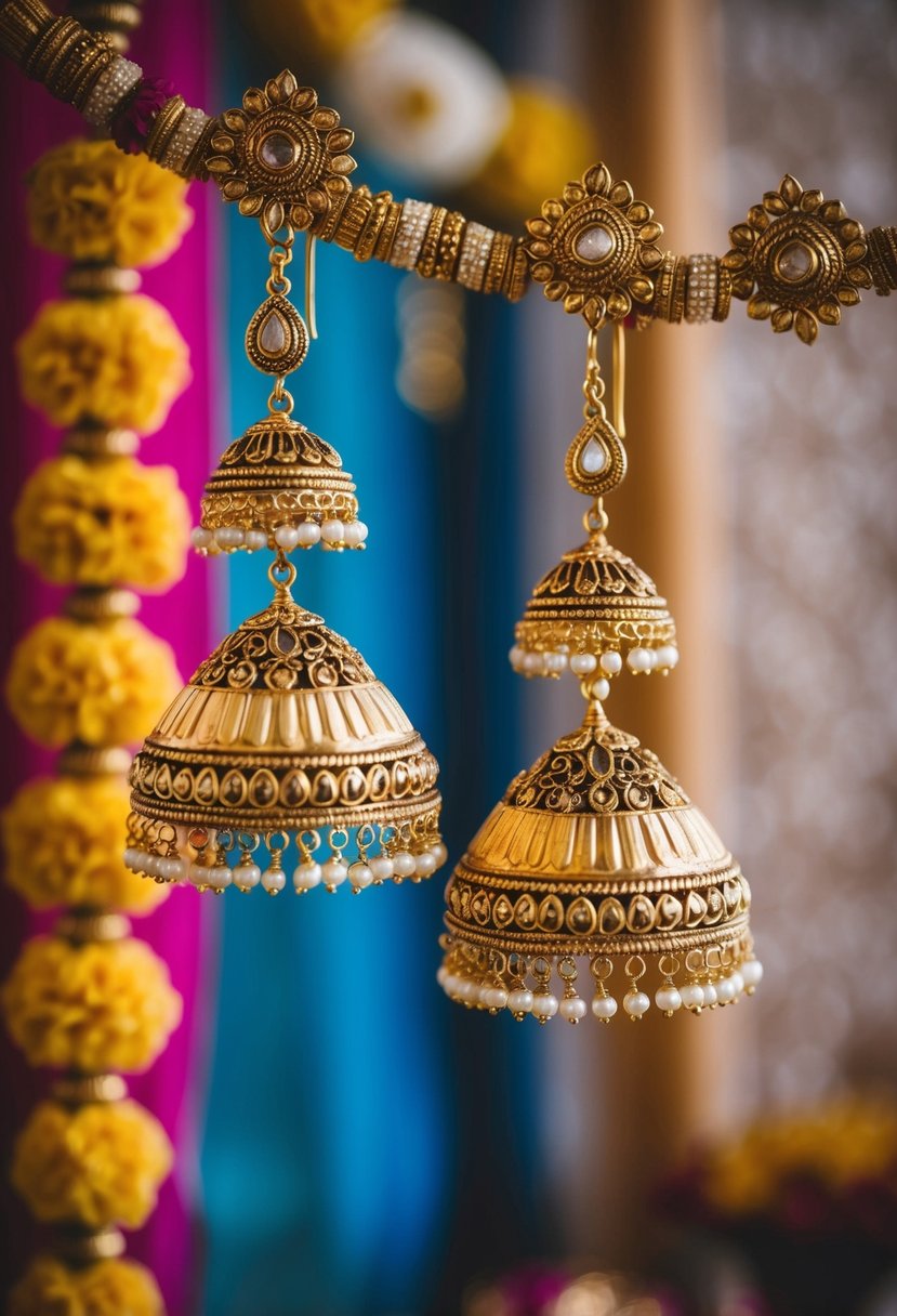 Two antique gold jhumkas hanging against a vibrant backdrop, with intricate Pakistani wedding motifs