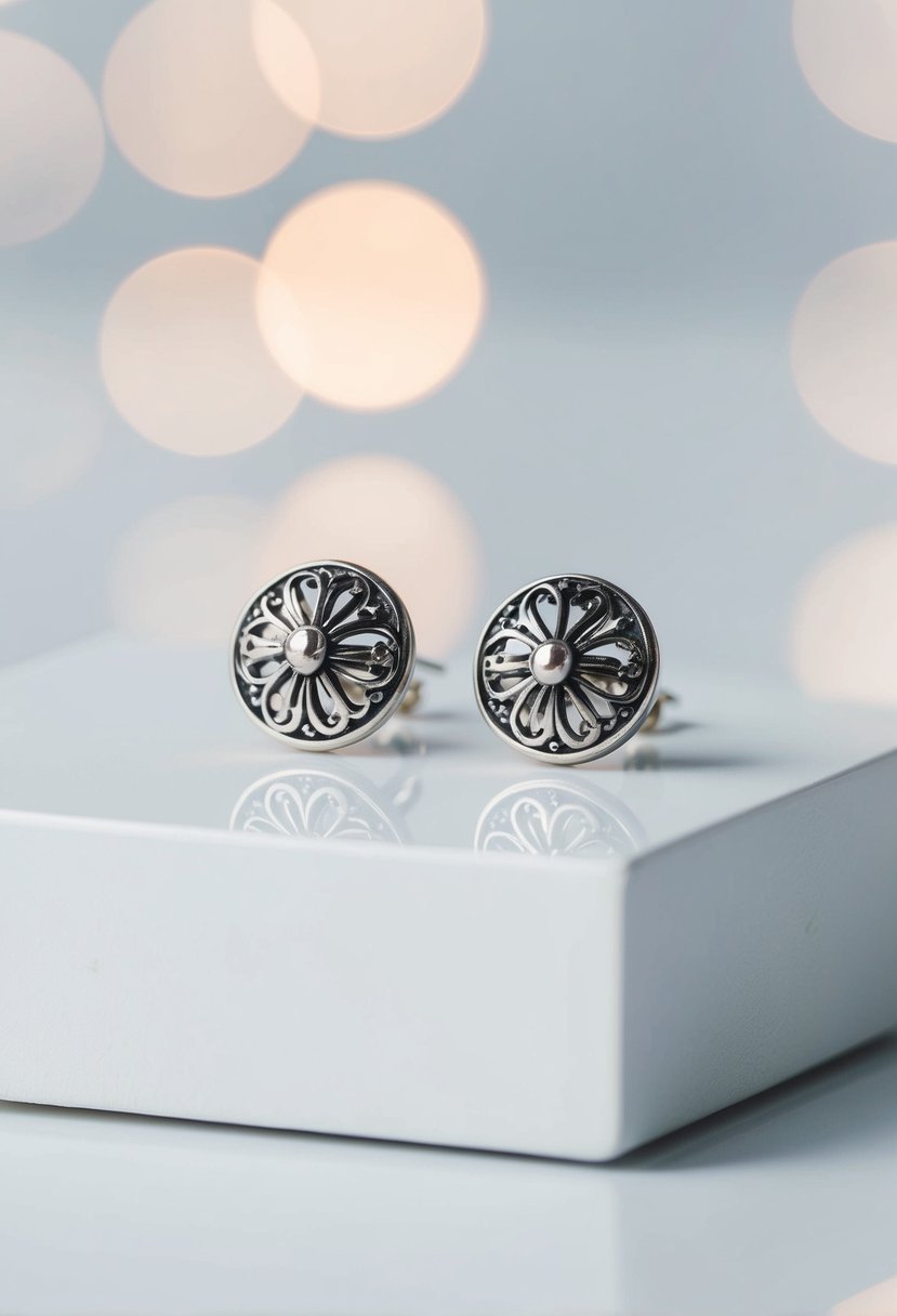 A pair of simple metal stud earrings with elegant and intricate designs, placed on a clean and minimalist display