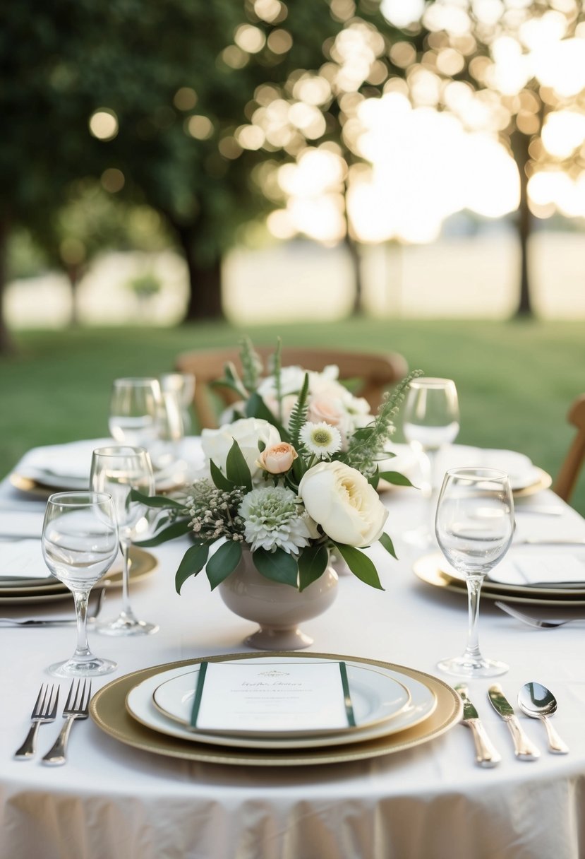 A small table set for a family dinner, with elegant place settings and a simple floral centerpiece