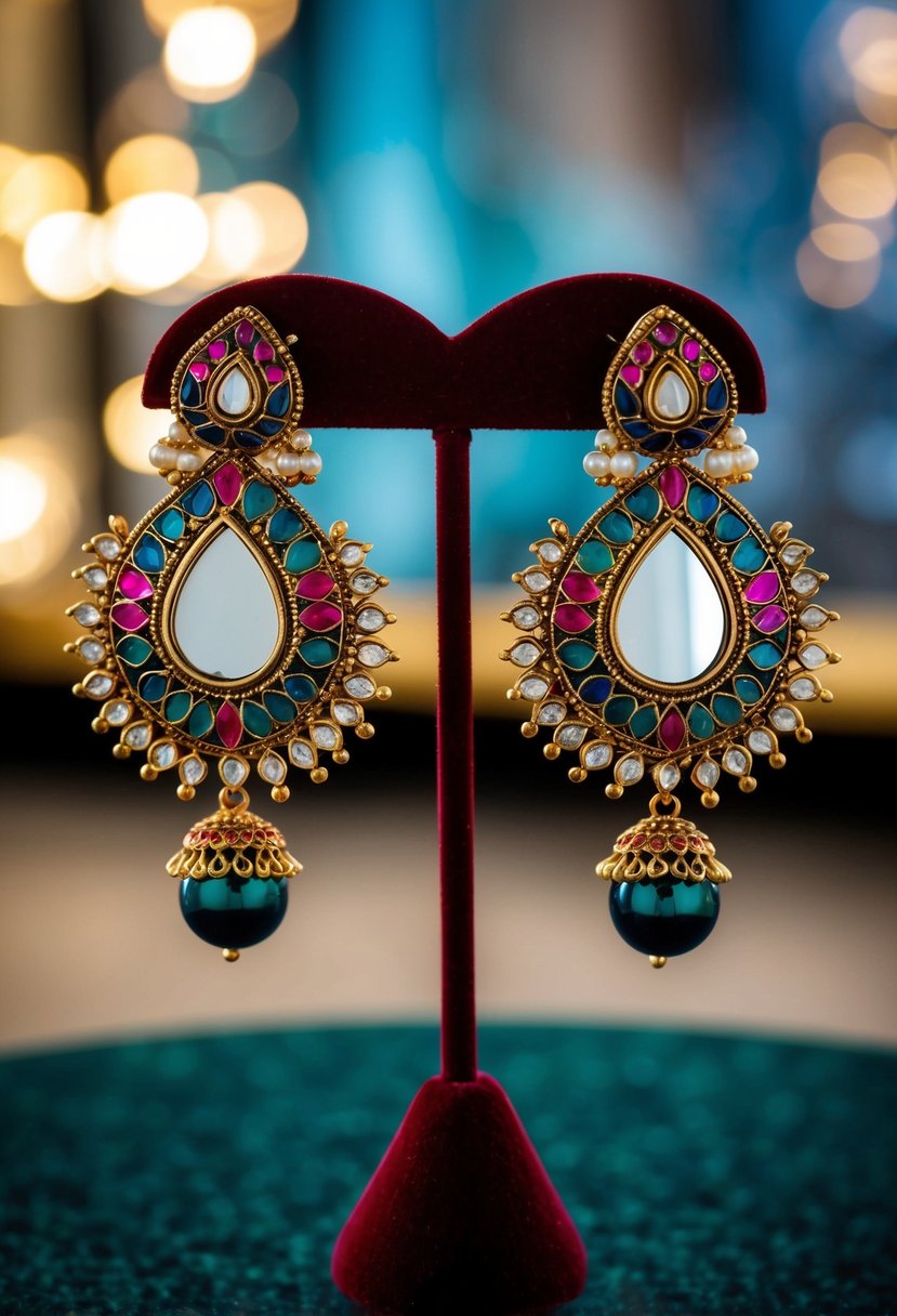 A pair of contemporary mirror Kundan earrings displayed on a velvet jewelry stand, with intricate designs and vibrant colors