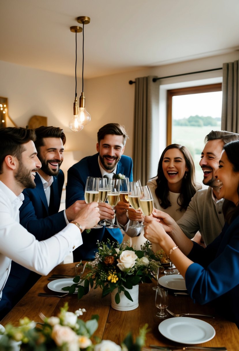 A group of joyful friends gathered in a cozy setting, laughing and toasting to celebrate a small wedding