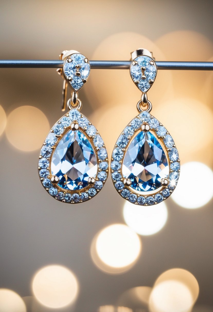 A pair of sparkling rhinestone dangle earrings suspended from a delicate stand, catching the light and exuding elegance