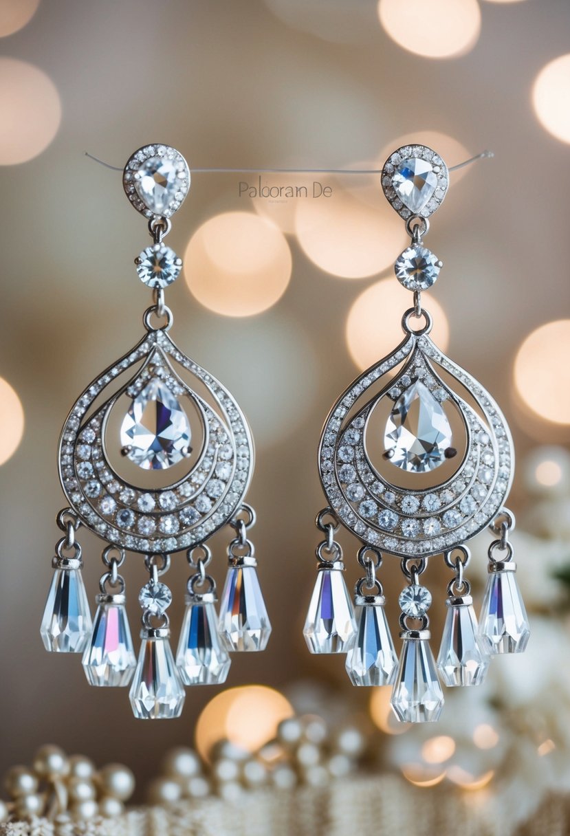 A pair of elegant crystal tassel drop earrings, inspired by Pakistani wedding fashion, featuring intricate detailing and shimmering accents