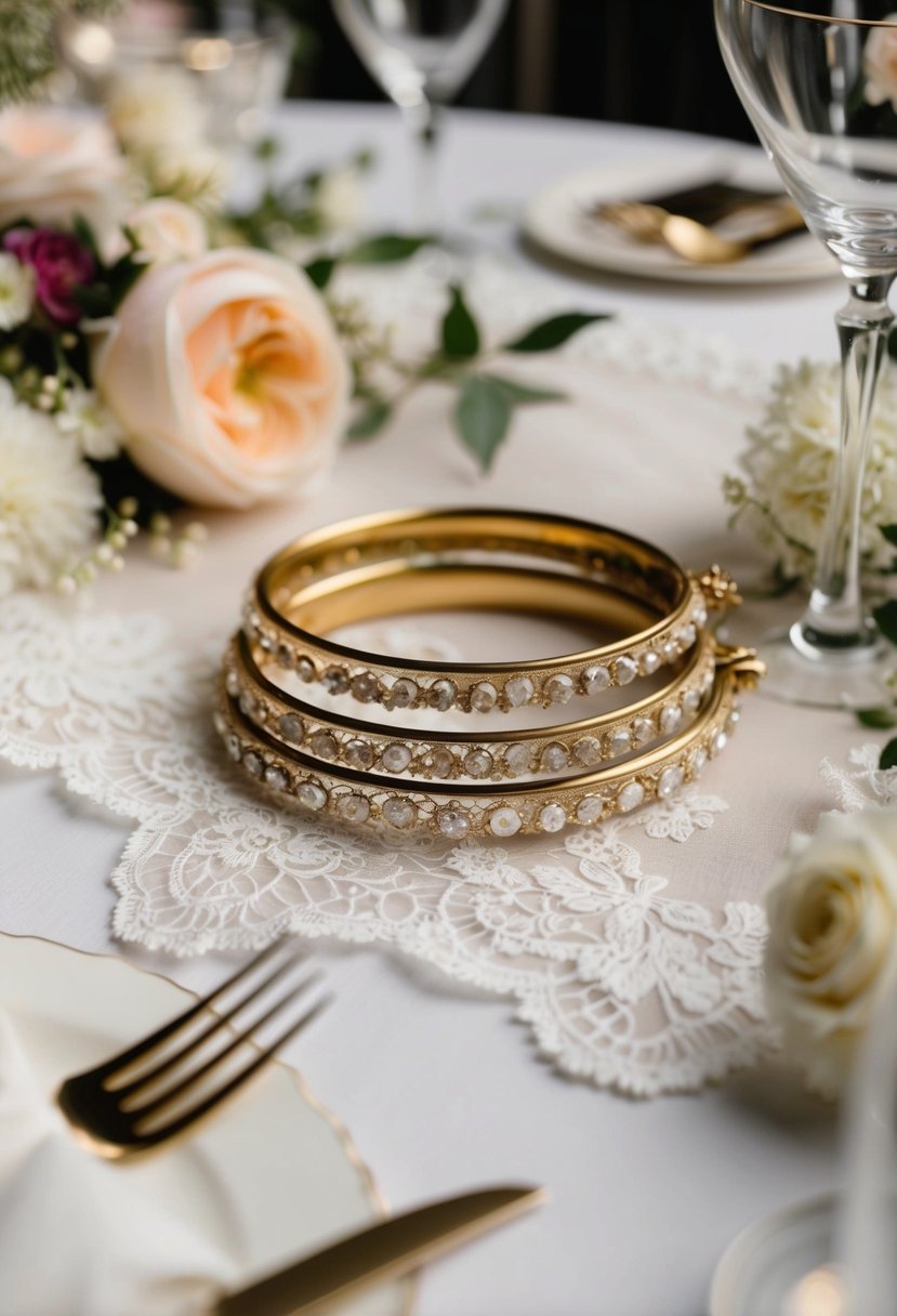 A table adorned with vintage-inspired gold hoops, surrounded by delicate lace and floral decor, evoking an elegant wedding ambiance