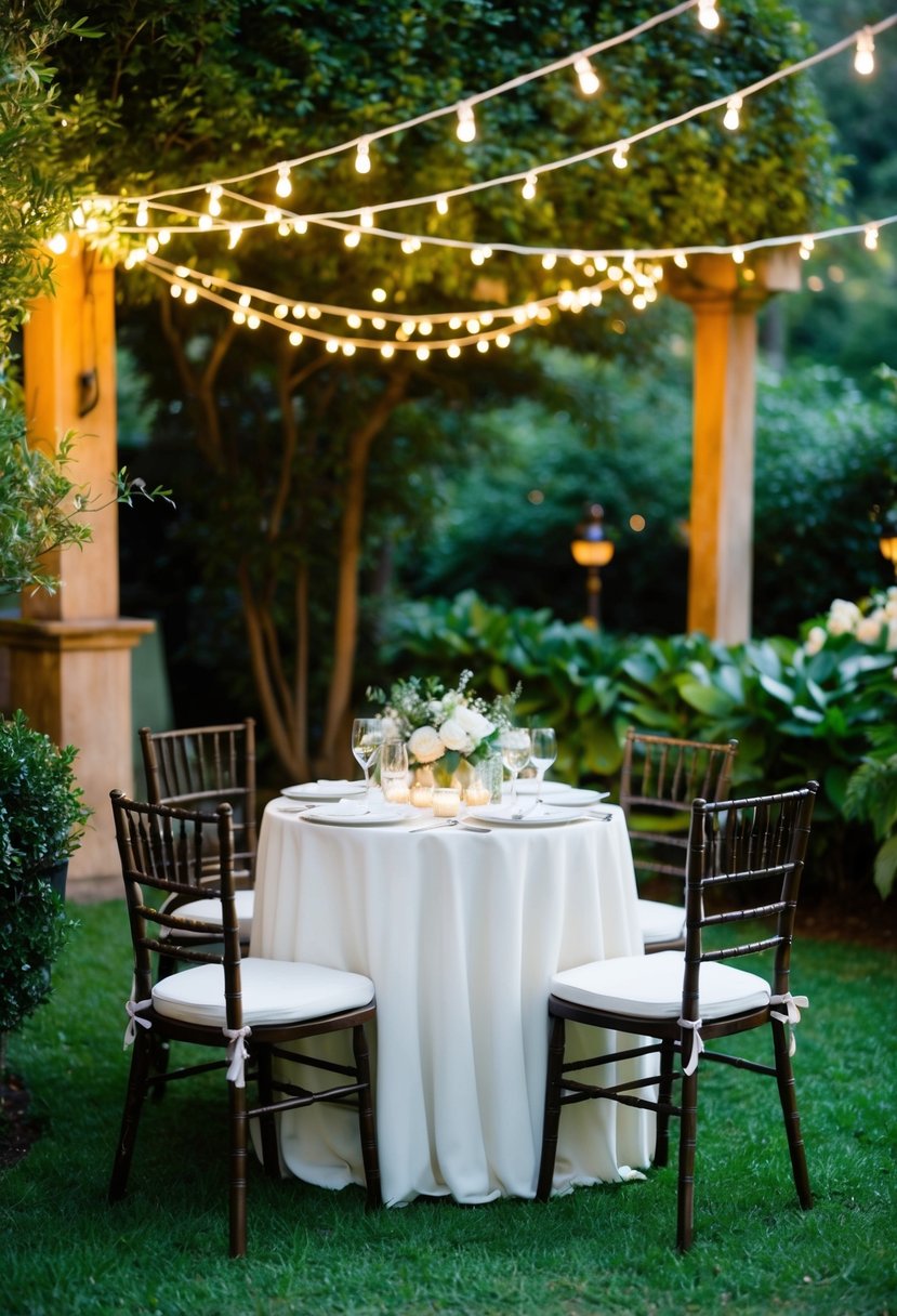 A cozy, intimate venue with a charming outdoor garden. A small table set for a wedding reception, surrounded by twinkling lights and lush greenery