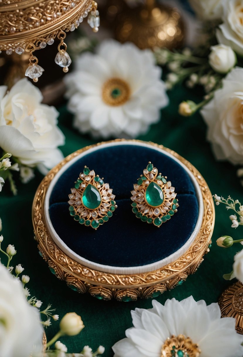 A pair of intricate gold and emerald stud earrings displayed on a luxurious velvet cushion, surrounded by delicate floral motifs and traditional Pakistani wedding decor