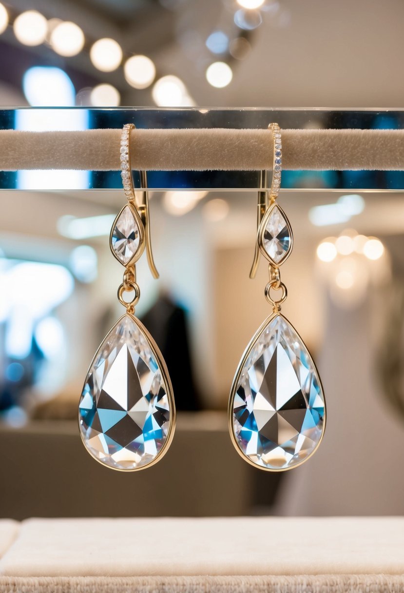 A pair of Swarovski Crystal Teardrop earrings dangle from a velvet display, catching the light in a luxurious bridal boutique