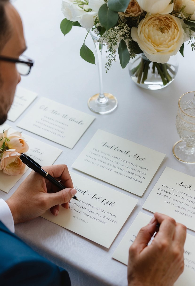 A small wedding guest list being carefully curated, with names being written on elegant invitations and plus-one guidelines being discussed