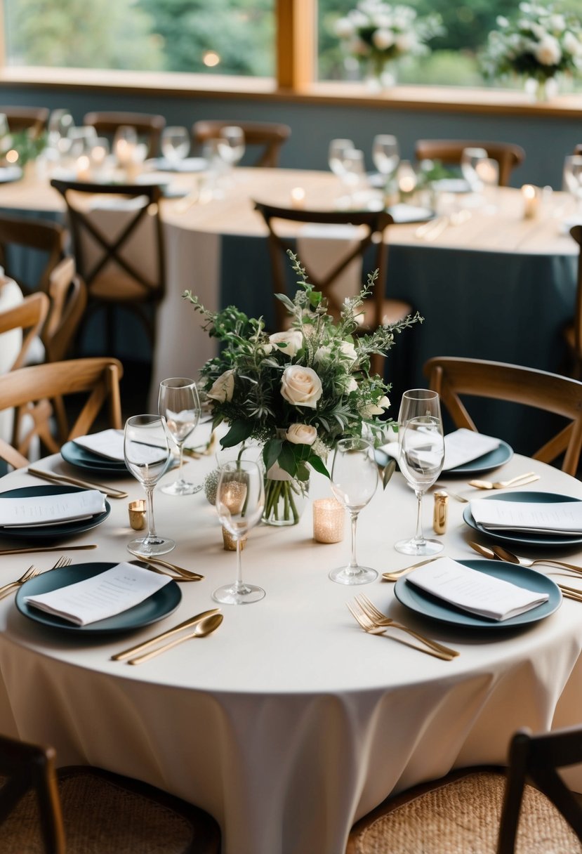 A cozy table set for a small wedding, with a handful of chairs and place settings for only the closest coworkers