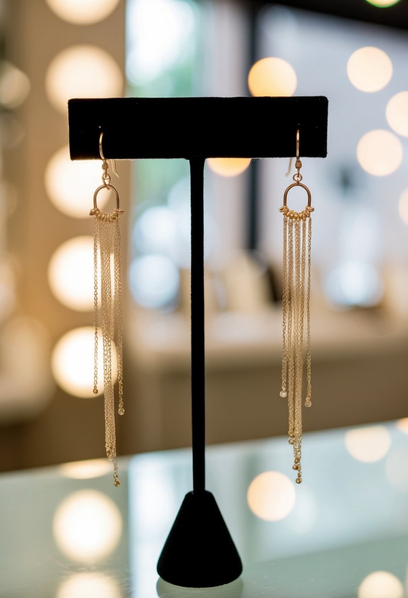 A pair of delicate threader earrings dangling from a display stand, catching the soft light of a bridal boutique