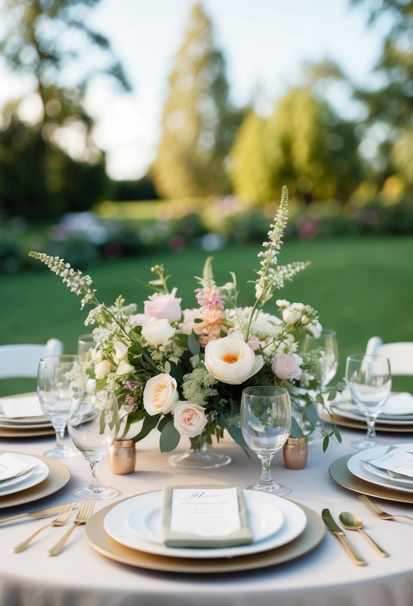 A table adorned with delicate floral arrangements and place settings for children at a small wedding