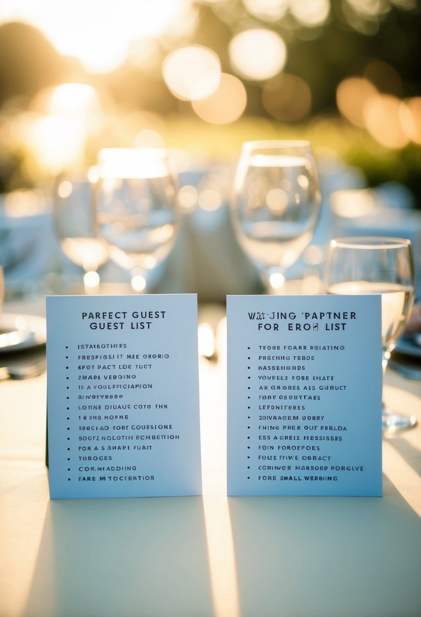 A table with two separate lists, one for each partner. Each list has tips for creating the perfect guest list for a small wedding