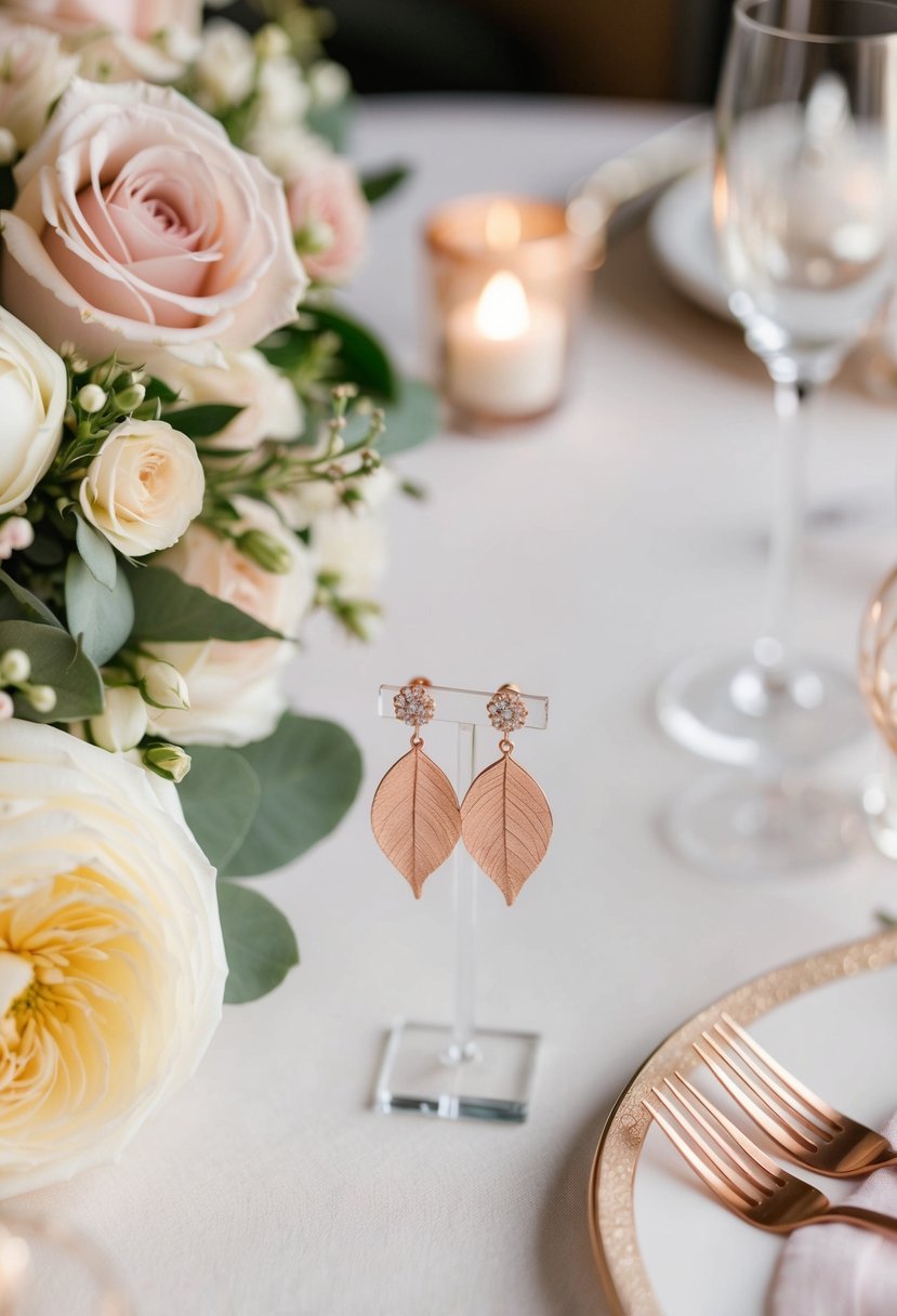 A table adorned with delicate rose gold leaf earrings, surrounded by soft floral arrangements and elegant wedding decor