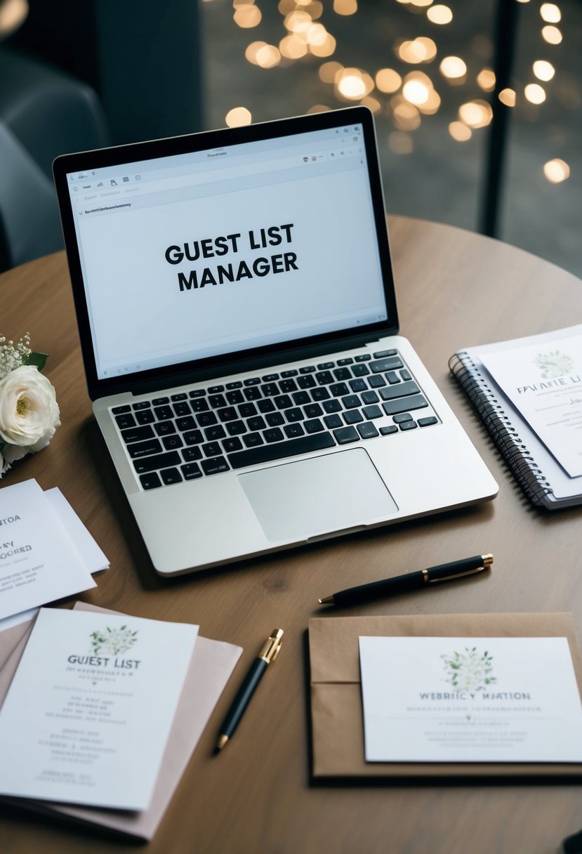 A table with a laptop open to a guest list manager tool, surrounded by a notebook, pen, and wedding invitation samples