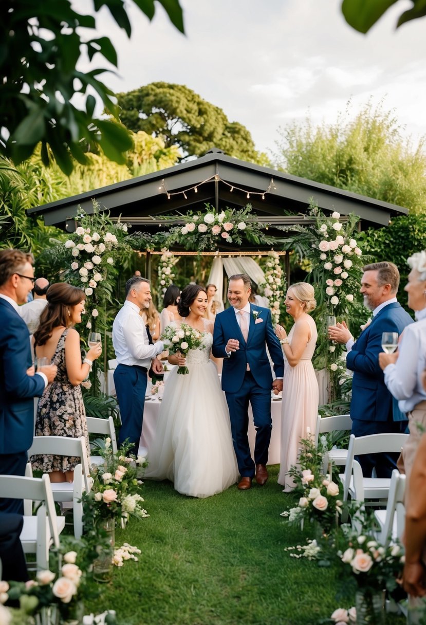 A small wedding venue with a mix of elegant and casual decor, surrounded by lush greenery and flowers, with a few close friends and family members mingling and celebrating