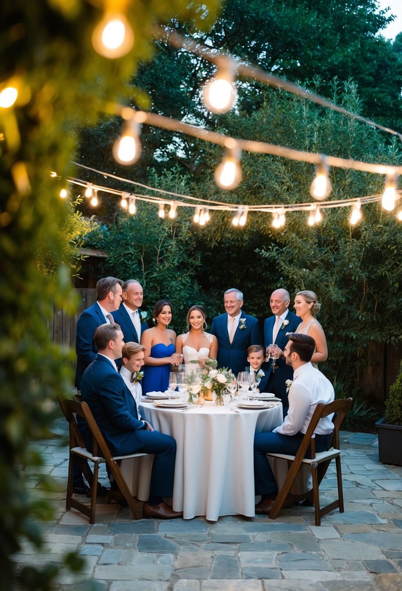 A cozy backyard with a small, elegant table set for a wedding reception. A handful of close friends and family members gather under twinkling lights