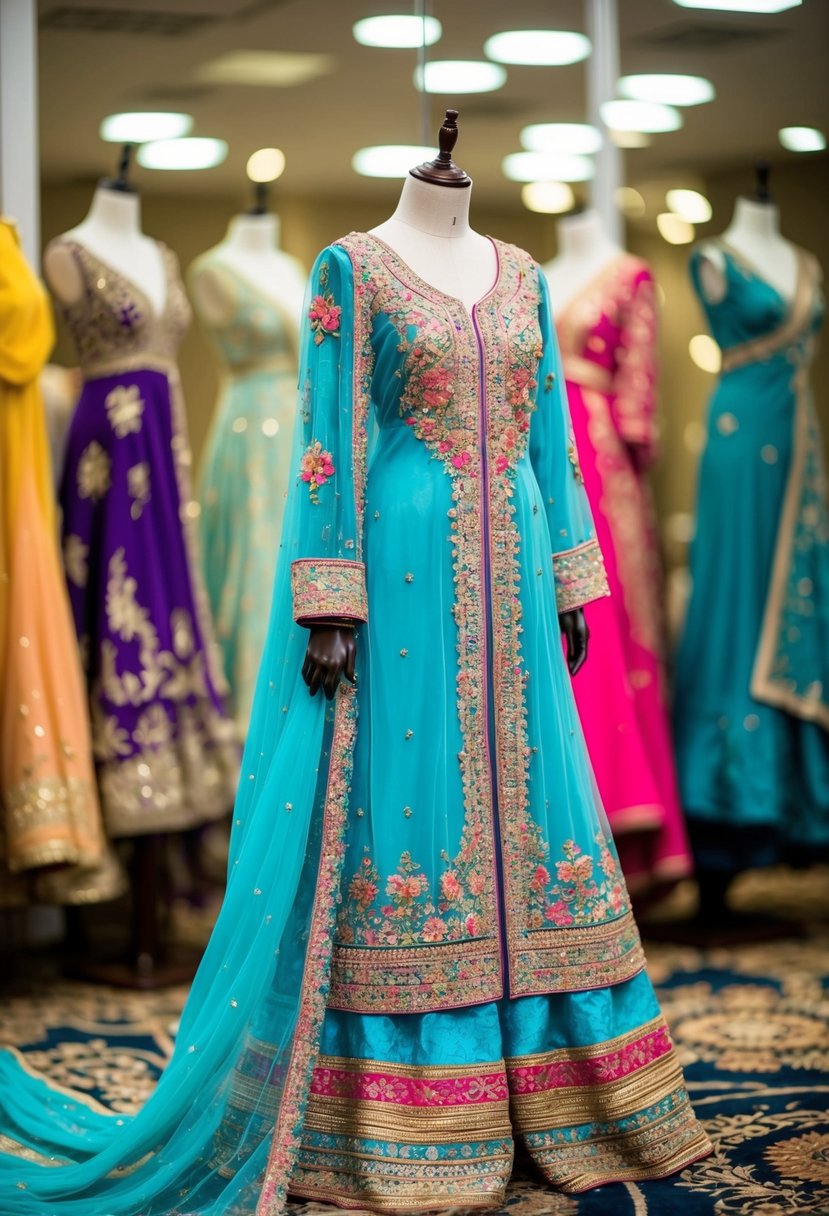 A colorful, intricately embroidered Pakistani wedding dress displayed on a mannequin, with flowing fabric and delicate details