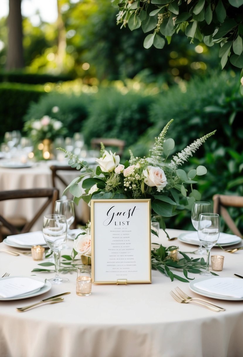 A small table with a carefully curated guest list, surrounded by lush greenery and delicate floral arrangements